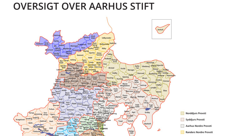 Kort over Aarhus Stift med provsti- og sognegrænser